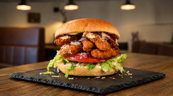 Crispy Fried Chicken Burger in a Cozy Café